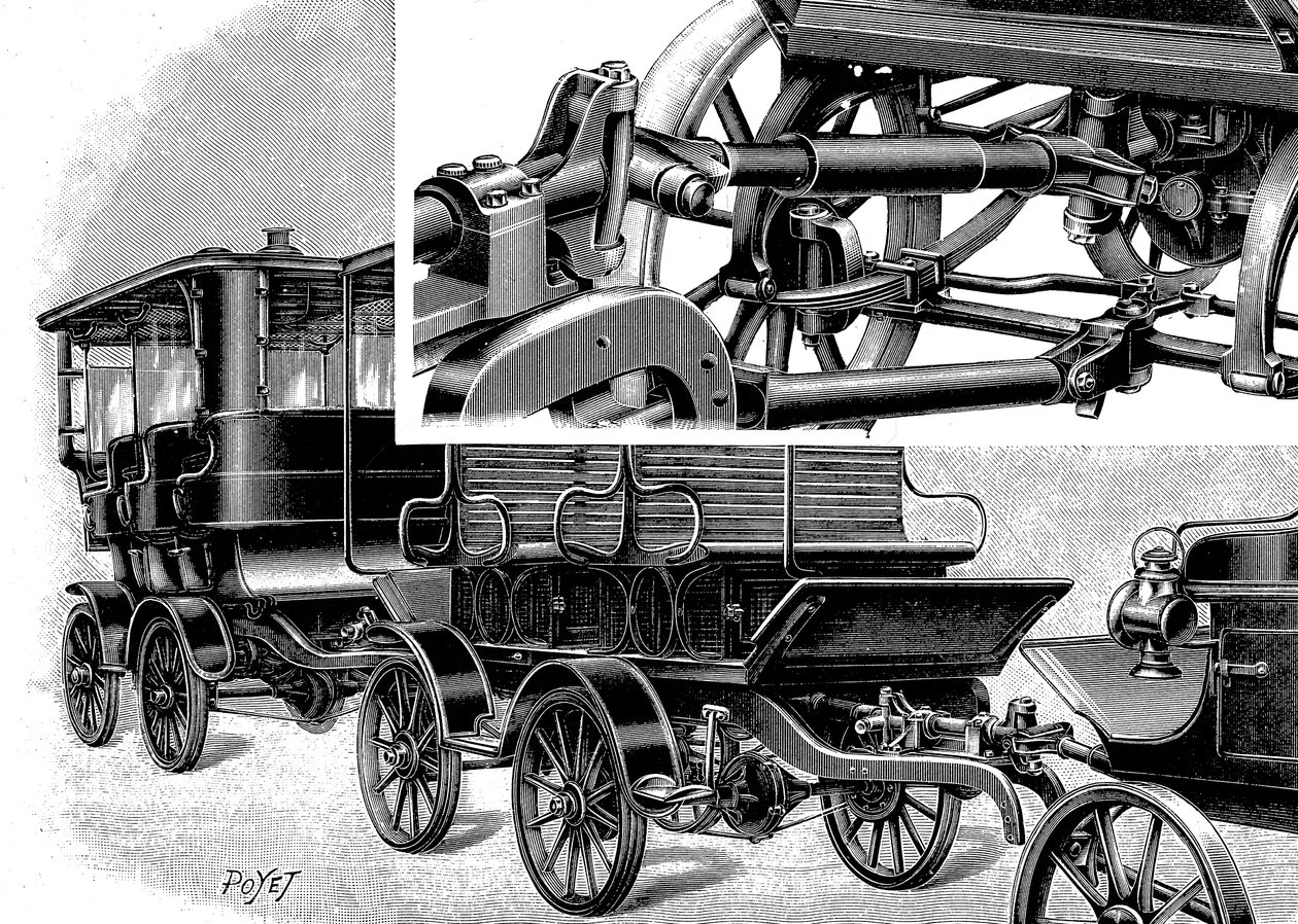 Renards otomobil treni, kaplin sağ üstte ve bir vagon treni gösteriyor, 1904 by Unbekannt