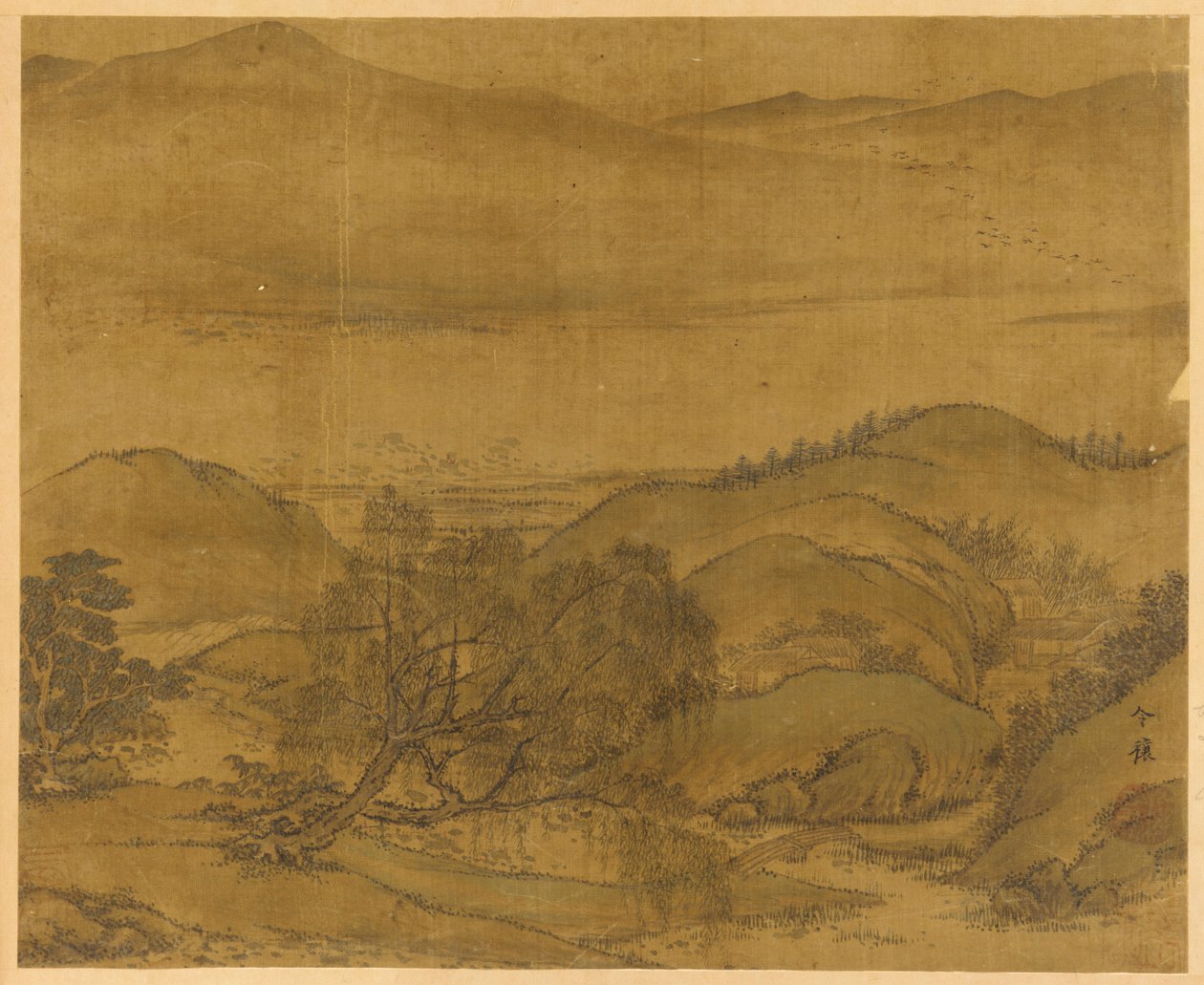 Nehir manzarası: bir söğüt ve diğer ağaçlar, inişli çıkışlı tepeler..., Yuan veya Ming hanedanı, 1279-1644. by Unbekannt