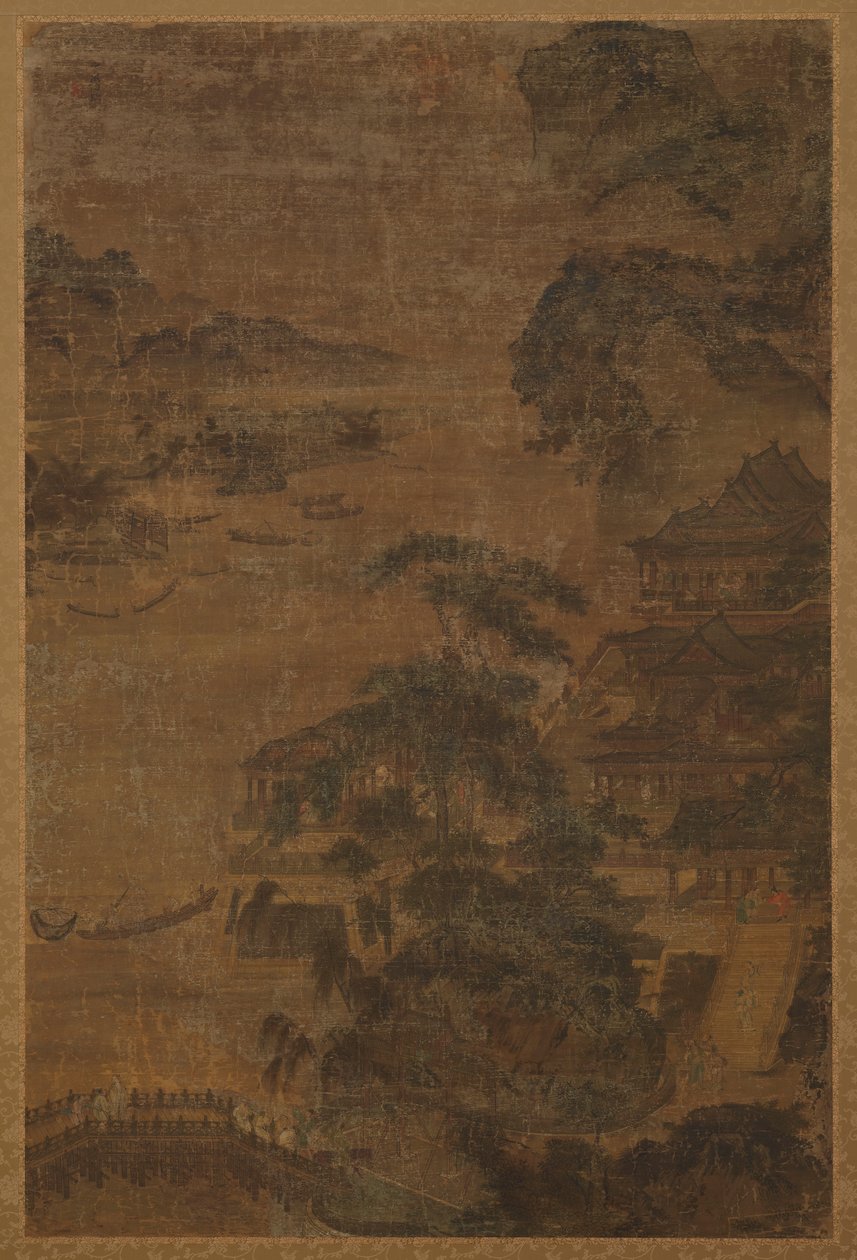 Nehir manzarası: dağlar, çam ağaçları ve binalar, Ming hanedanı, 1368-1644. by Unbekannt