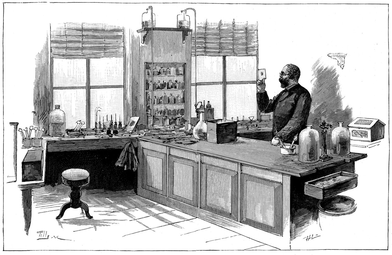 Robert Koch 1843-1910, Alman bakteriyolog ve laboratuvarında doktor by Unbekannt