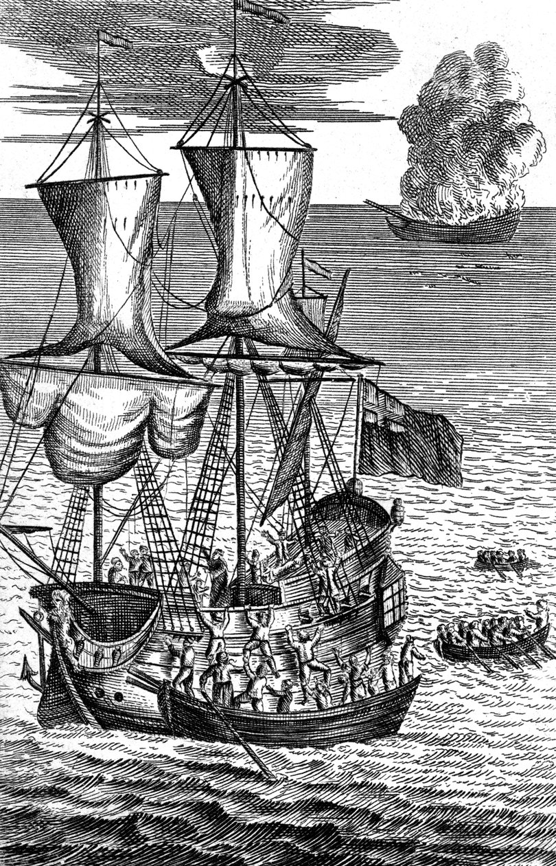 Robinson Crusoe, Denizde Yanan Bir Geminin Mürettebatını Kurtarıyor, c1719 by Unbekannt