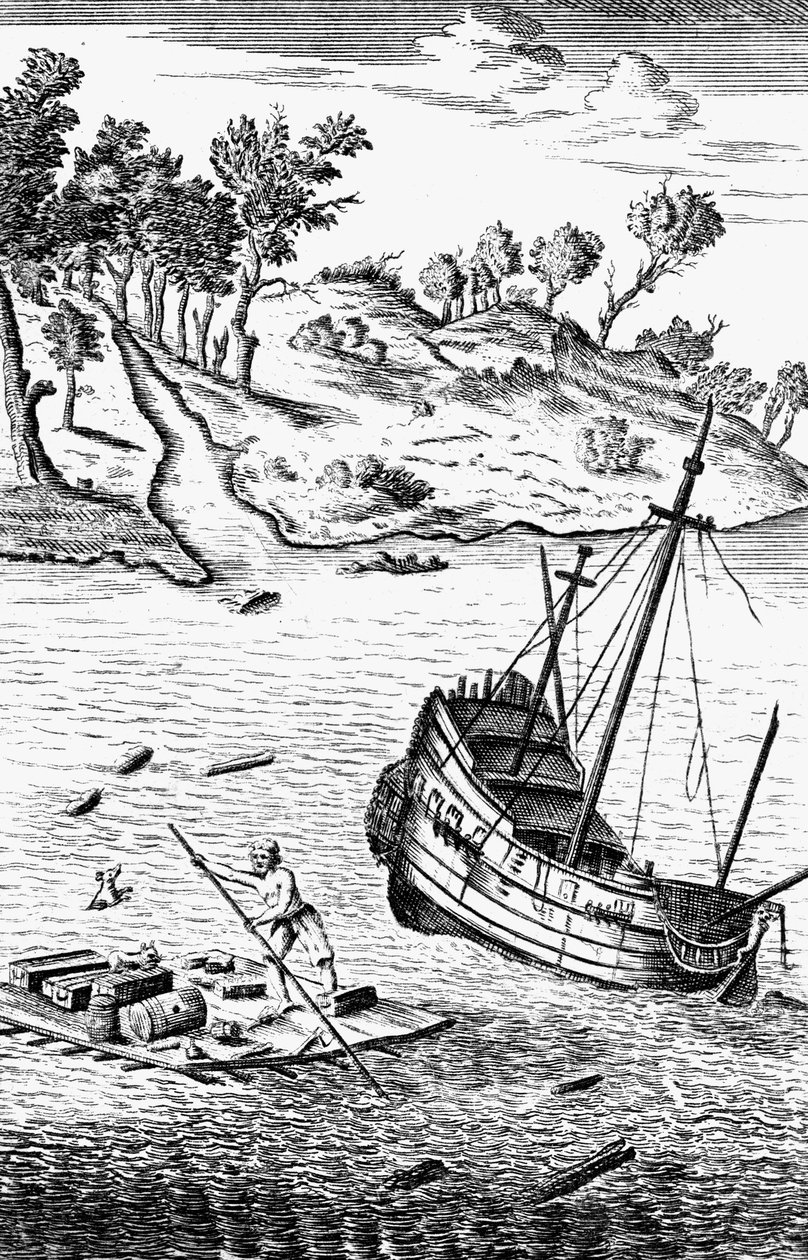 Robinson Crusoe Mallarını Geminin Enkazından Kurtarmak, c1719 by Unbekannt
