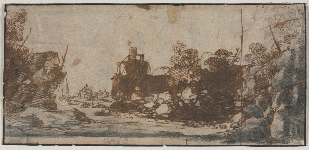 Tekneler ve Binalar recto ile Kayalık Giriş, Kale Eskizleri verso, 1600