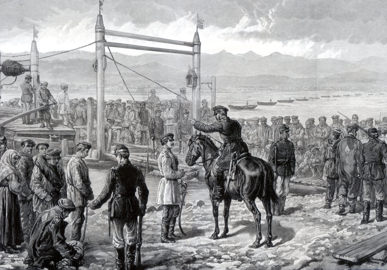 Askeri eskort altındaki Rus hükümlüler, Yenisey nehrinde feribotla geçmeyi bekliyorlar, Sibirya, 1882 by Unbekannt