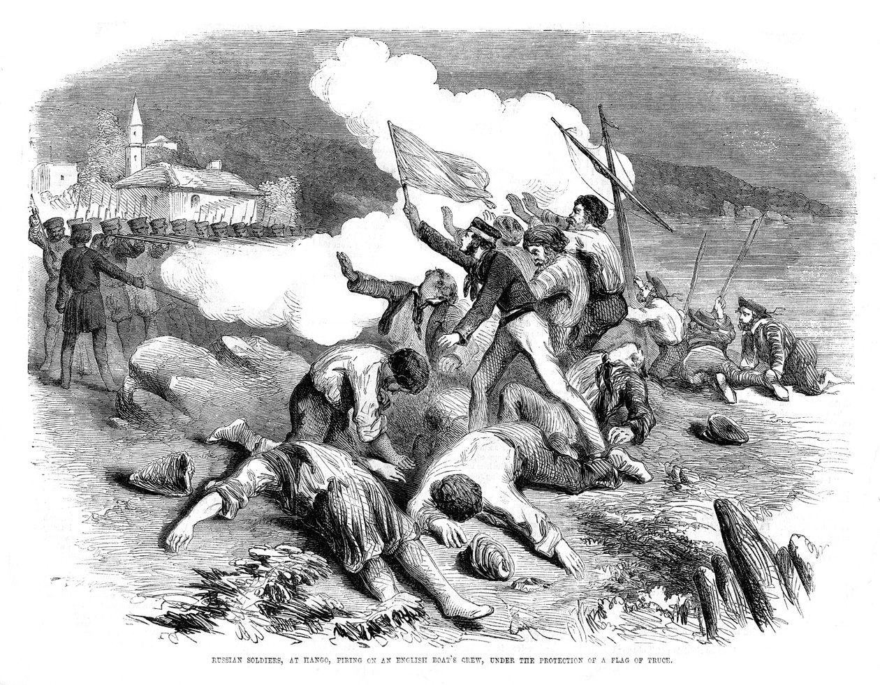 Rus askerleri, bir ateşkes bayrağının koruması altında bir İngiliz gemi mürettebatına ateş ediyor, 1855 by Unbekannt