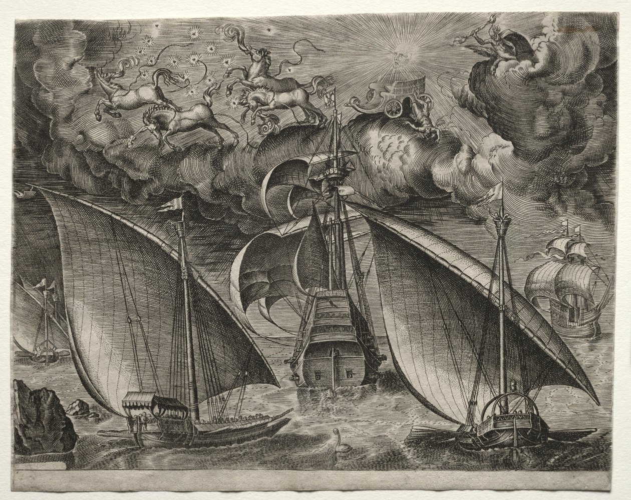 Yelkenli Gemiler: Phaeton ile Silahlı Üç-Master Arkasında Seyir İki Kadırga..., 1561-65. by Unbekannt