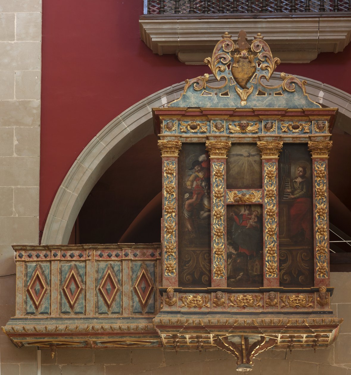 Sığınak (El Mucizesi). Kilise. İç mekan. Organ. Ahşap polikrom yapı. Tuval üzerine üç resim (?). 1593. by Unbekannt