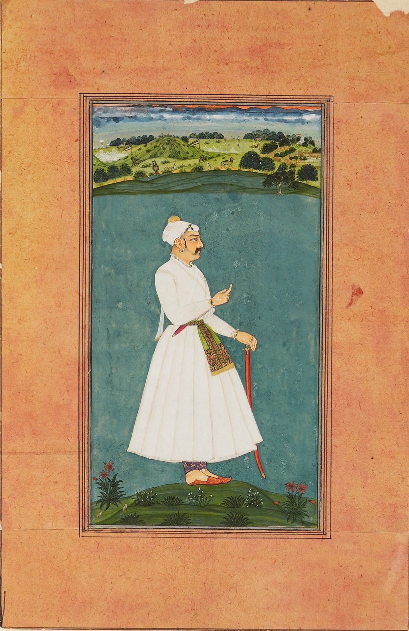 Sawai Jai Singh bir manzarada duruyor, c1730 by Unbekannt