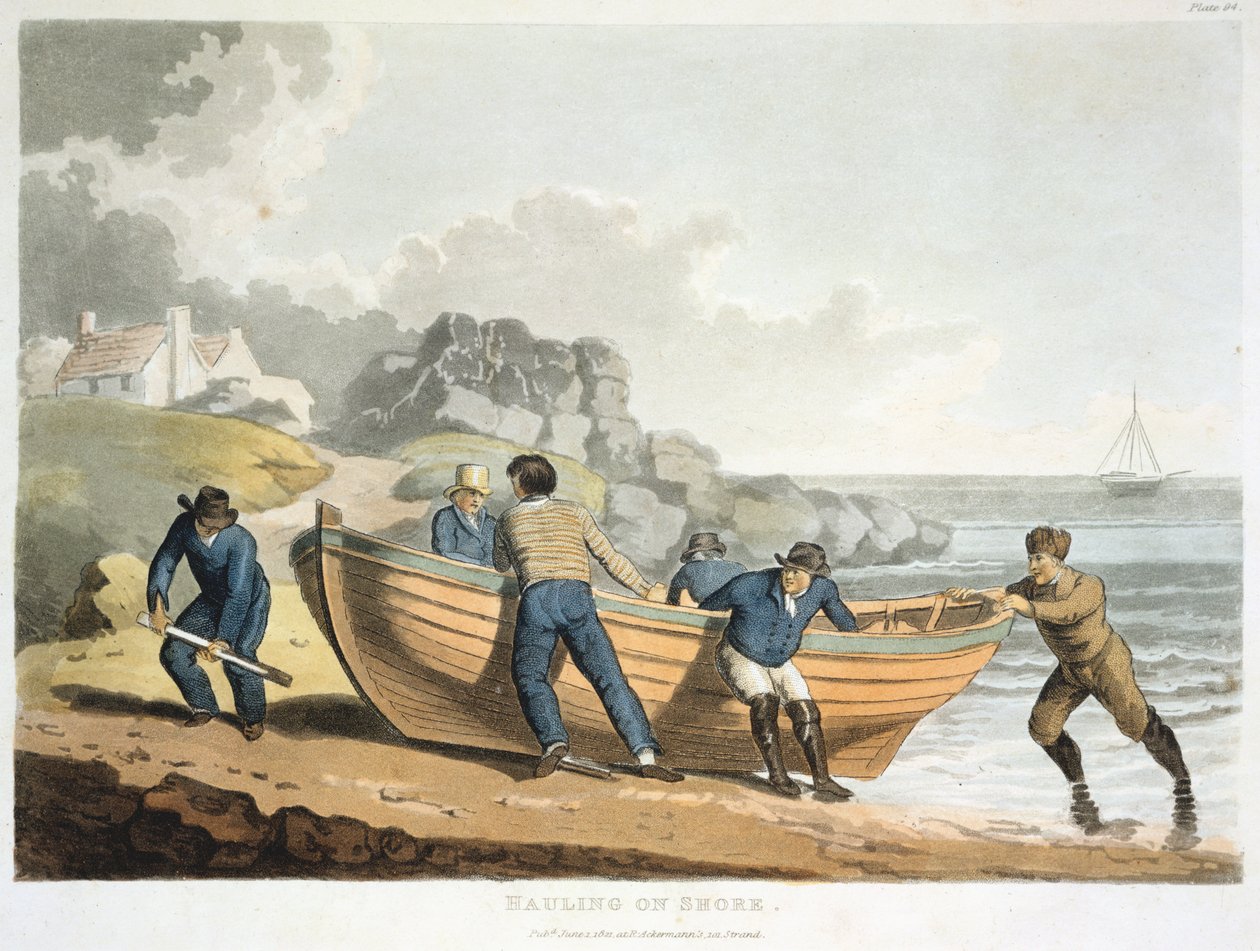 Klinkerden yapılmış bir botu kıyıya taşıyan denizciler, 1821 by Unbekannt