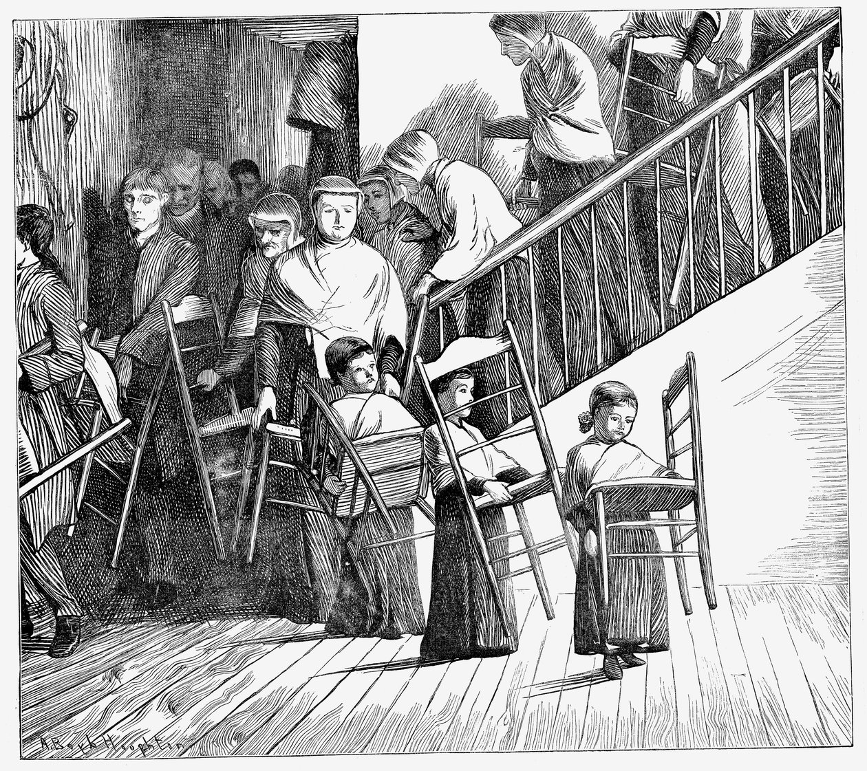 Akşam yemeğine giden Shaker topluluğu, her biri kendi Shaker sandalyesini taşıyor, New York Eyaleti, 1870 by Unbekannt