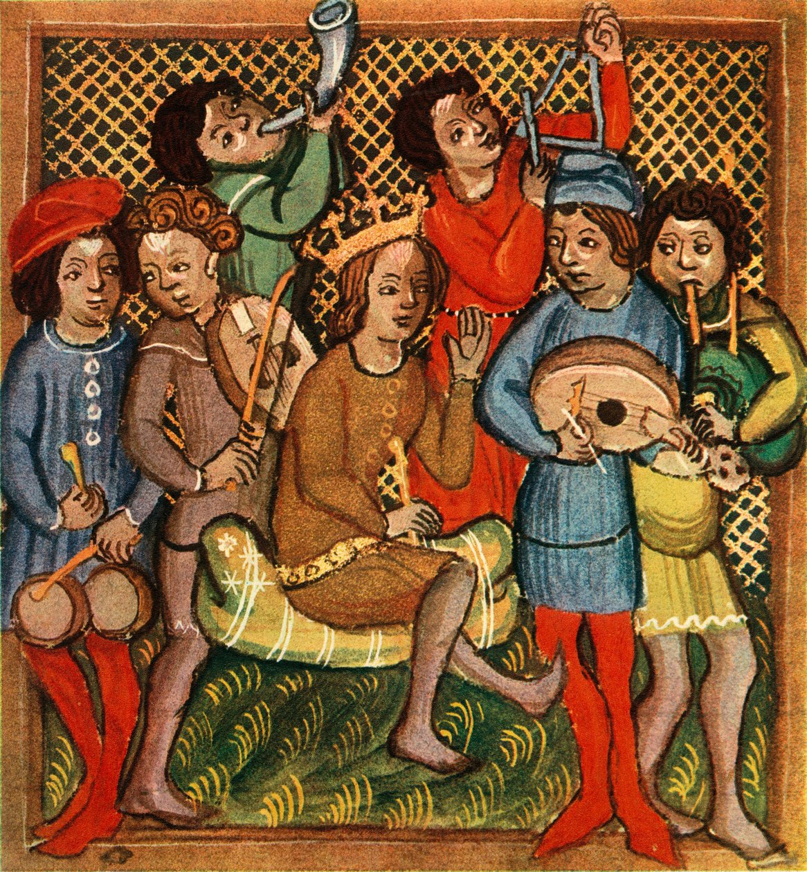 Küçük davullar, keman, korno, üçgen ud ve gayda, Olomouc İncil, 1417, 1948 by Unbekannt