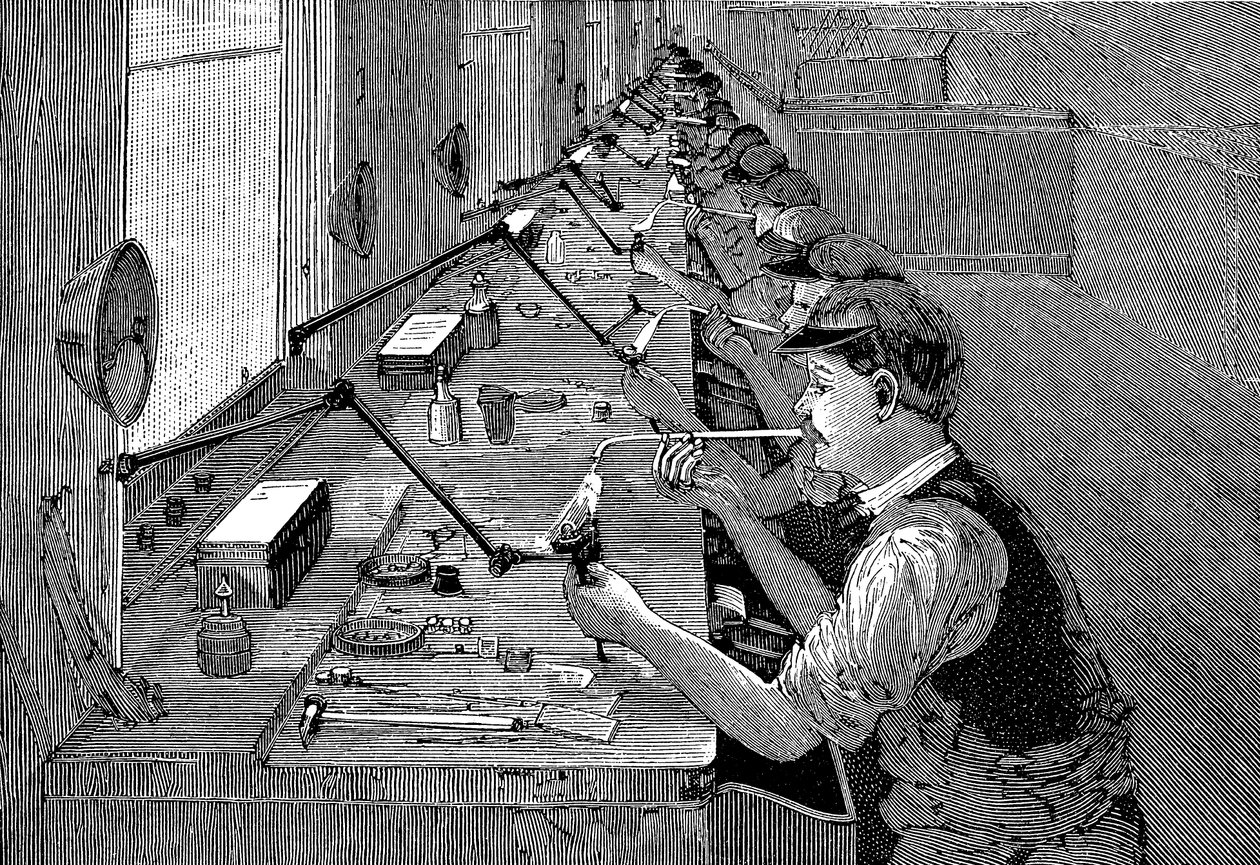 Bir Amerikan fabrikasında bisiklet parçalarının lehimlenmesi, c1900 by Unbekannt
