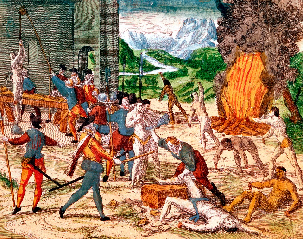 İspanyol fatihler Amerikan yerlilerine işkence ediyor, 1539-1542 by Unbekannt