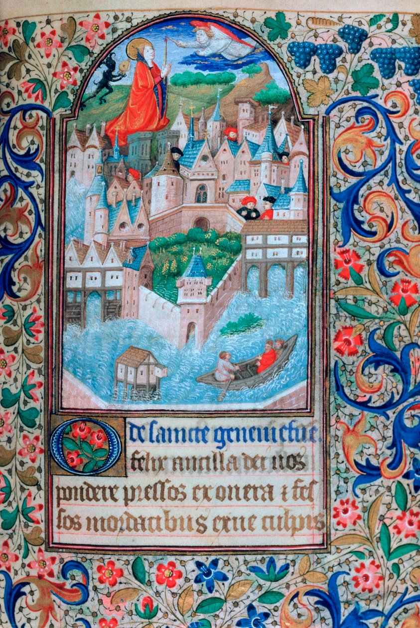 St Genevieve, Notre Dame kulelerinde dua ediyor, Paris, 15. yüzyıl by Unbekannt