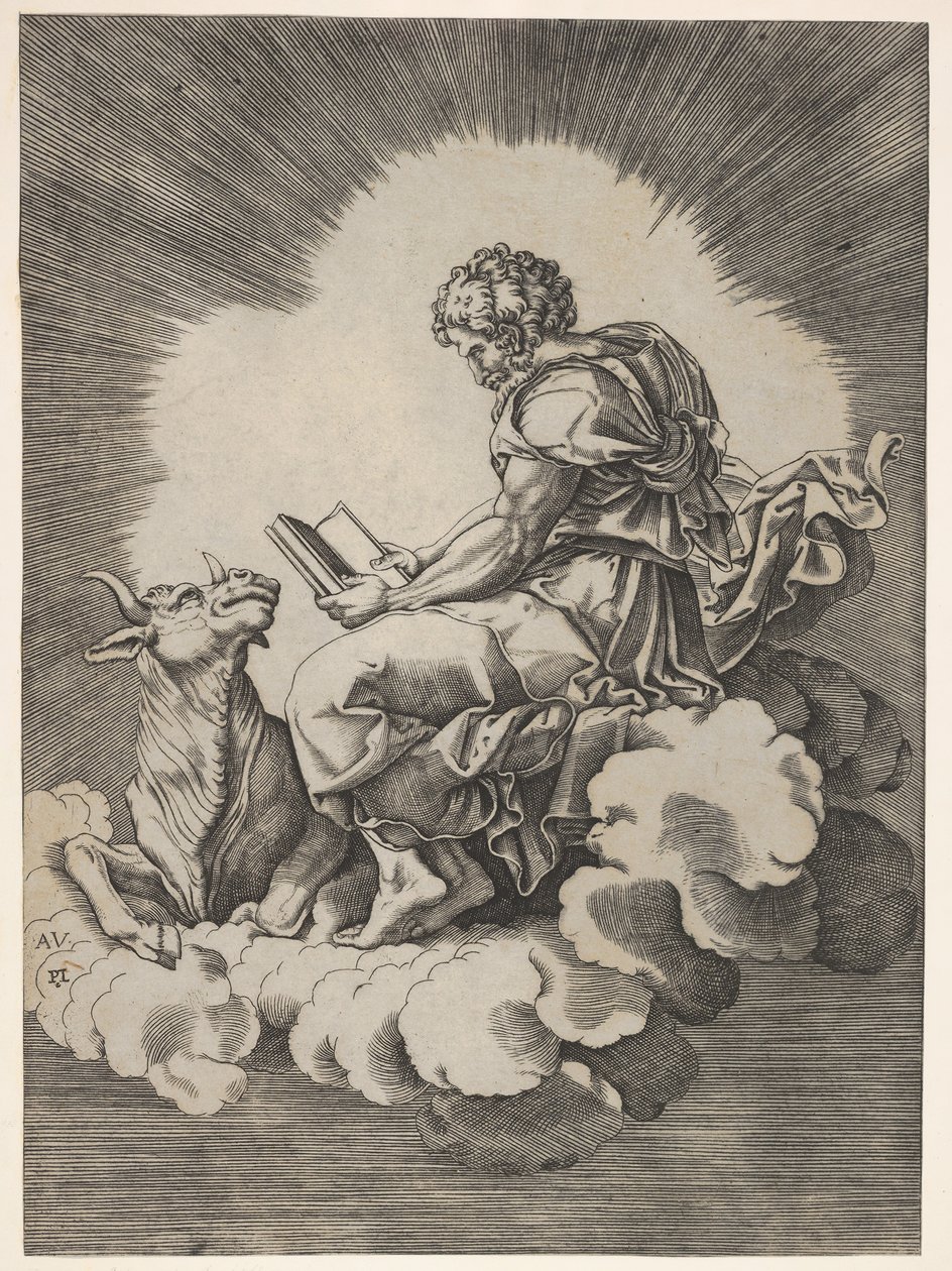 St. Luke, iki elinde açık bir kitapla bir bulutun üzerinde oturuyor, ücretinde yatan bir boğa..., 1518