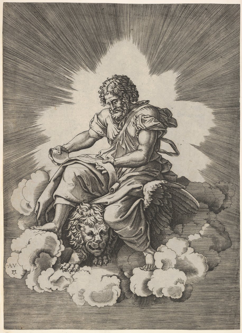 St. Mark, elinde açılmamış bir parşömen, baş ve ön kanatlı bir aslanla oturmuş..., 1518