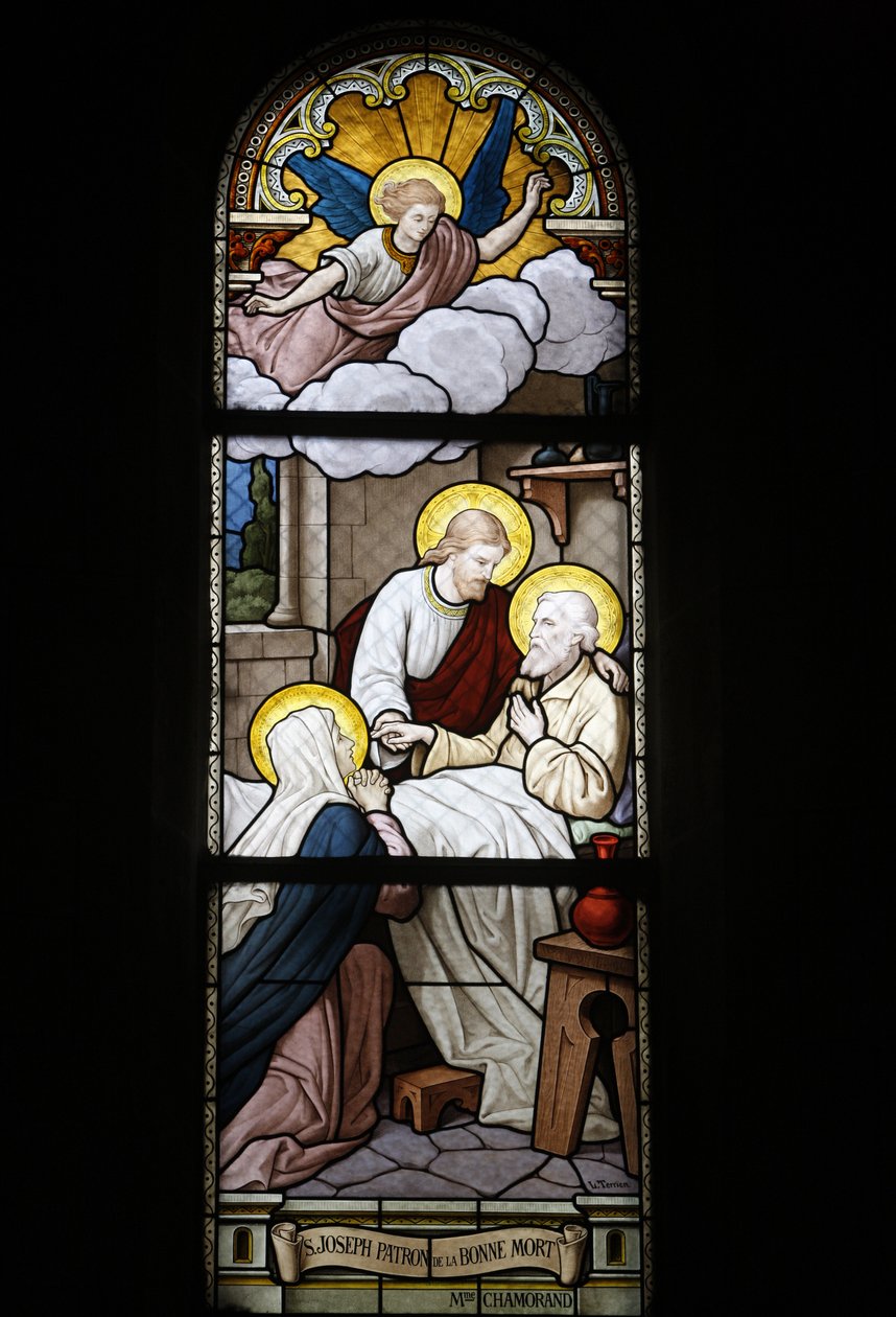 Notre Dame du Rosaire Katolik kilisesinde vitray: Saint Joseph, ölümün koruyucu azizi, Saint-Ouen, Fransa by Unbekannt