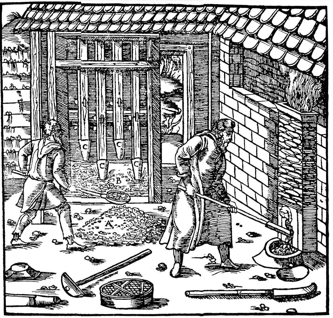 Metal çıkarmak için cevheri damgalama ve kavurma, 1556 by Unbekannt