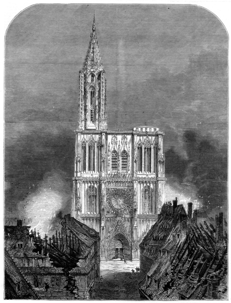 Şehrin son bombardımanı sırasında Strasbourg Katedrali, Fransa-Prusya Savaşı, 1870 by Unbekannt