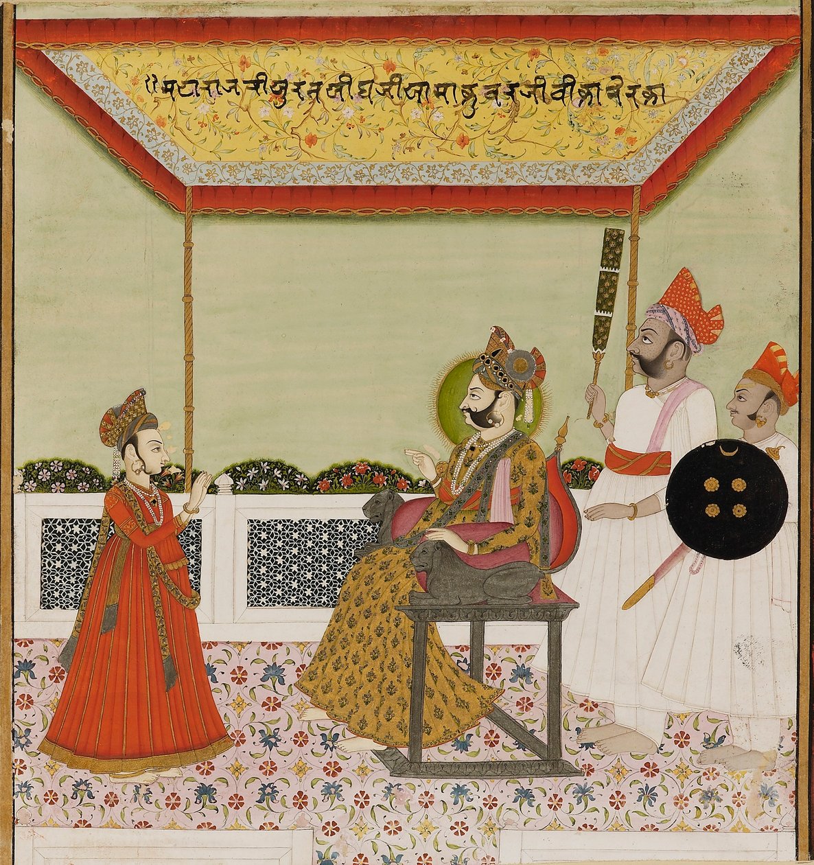 Surat Singh aslanlı bir tahtta oturuyor ve küçük oğlu c1800