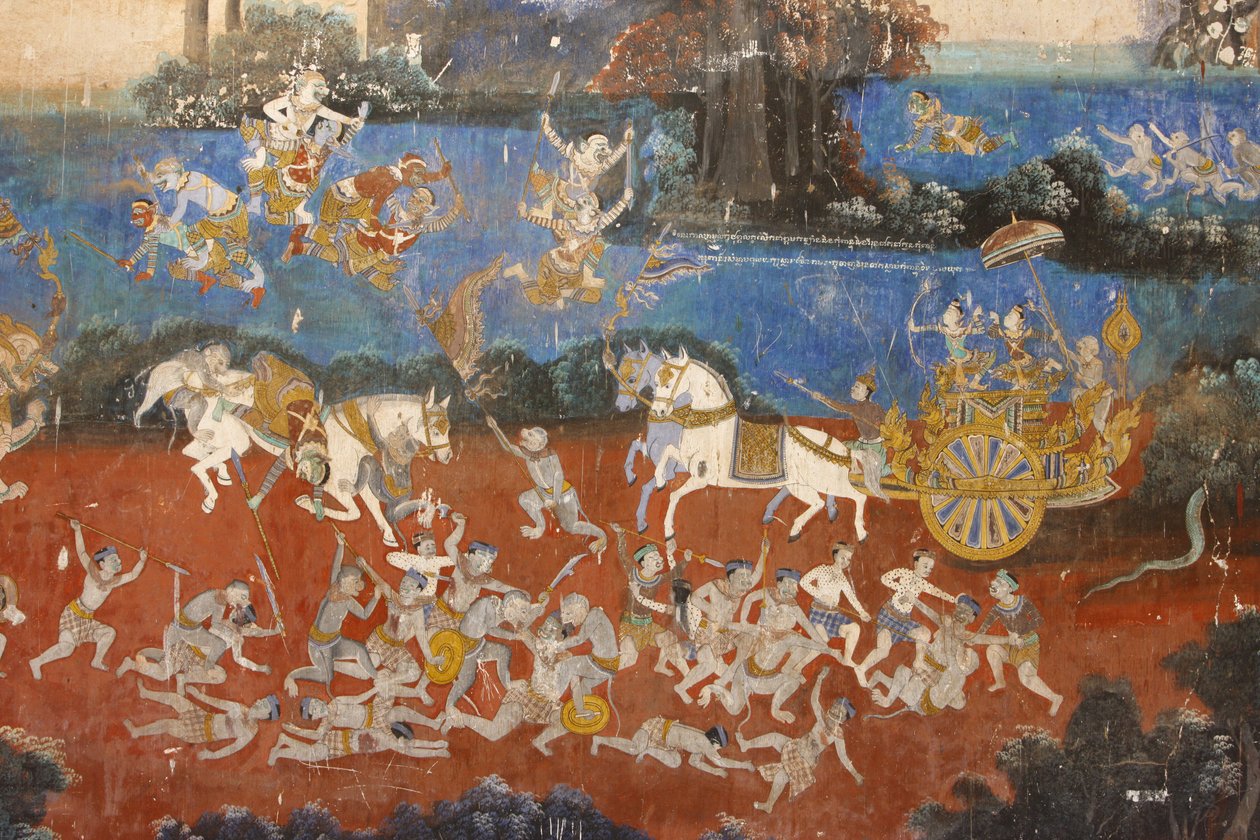 Sylver PagodaBu duvar resmi, klasik Hindu şiiri Ramayana, Phnom Penh, Kamboçya