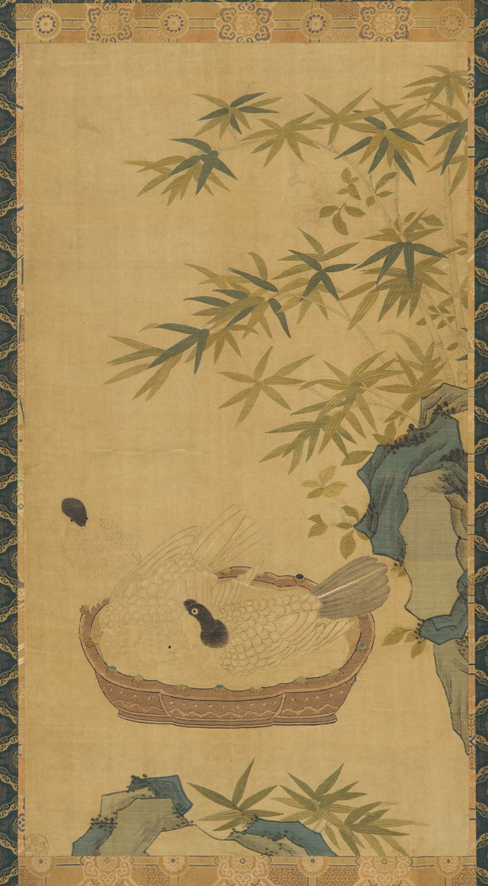 Goblen: bir kasede yıkanan güvercinler, kayalar ve bambular, Muhtemelen Ming hanedanı, 1368-1644. by Unbekannt