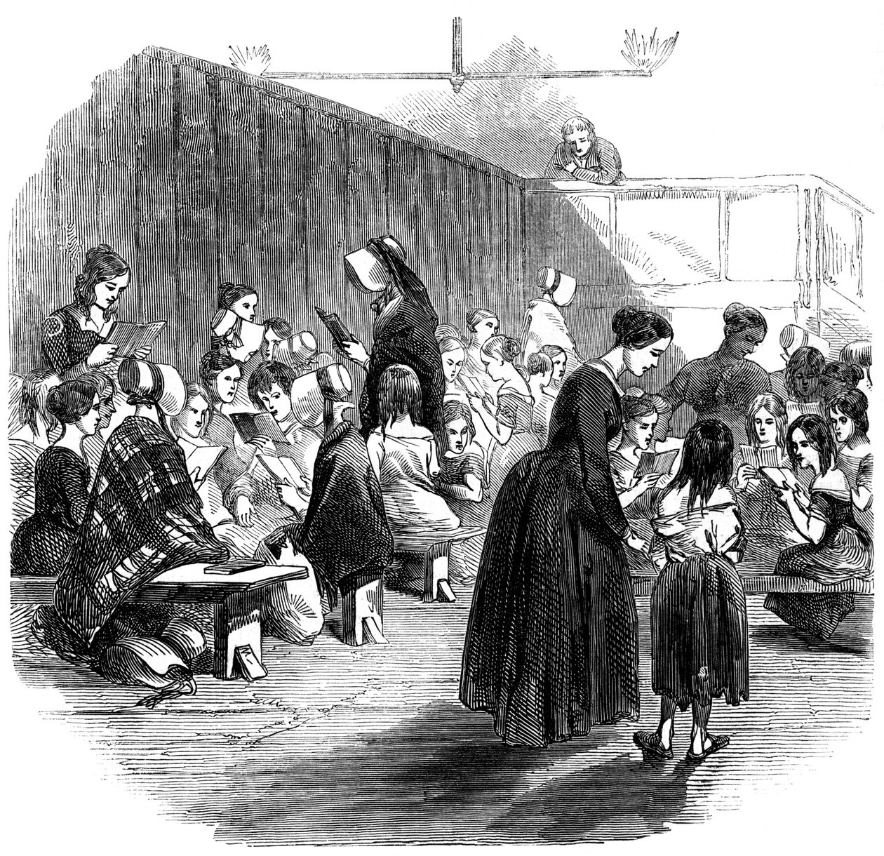 Ragged School Union okulunda kızlara okumayı öğretmek, Lambeth, Londra, 1868 by Unbekannt