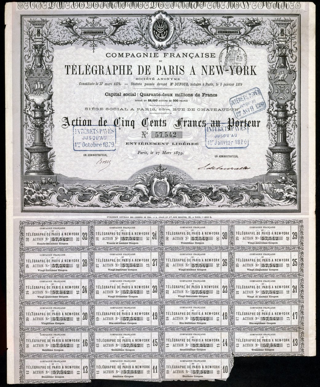 Telgraf, General Paris-New York Telgraf Hisse Senedi, 27 Mart 1879 by Unbekannt