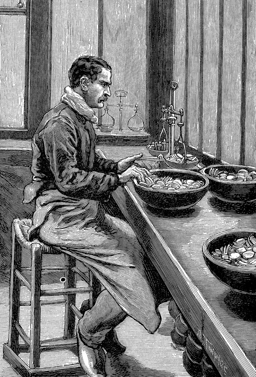 Altın parçalarının ağırlığının test edilmesi, Paris darphanesi, 1892 by Unbekannt
