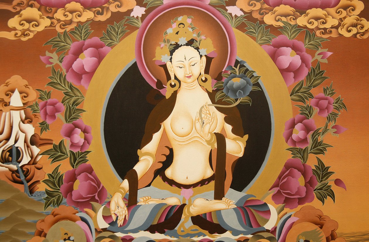 Beyaz Tara tanrıçasını tasvir eden Thangka, uzun yaşamın Budist sembolü, Bhaktapur, Nepal by Unbekannt