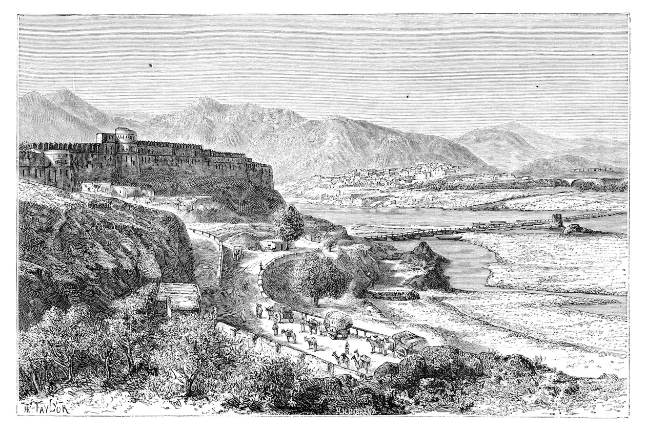 Saldırı Kalesi ve İndus üzerinde bir tekne köprüsü, Pakistan, 1895 by Unbekannt