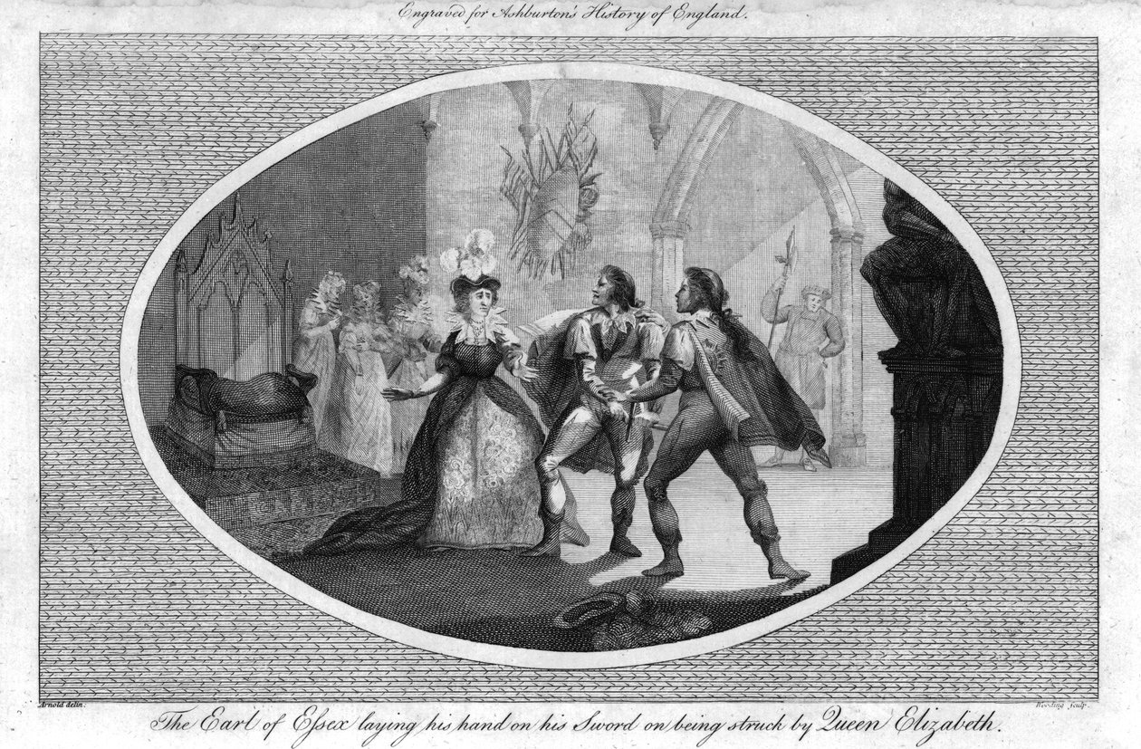Essex Kontu, Kraliçe Elizabeth tarafından vurulduğunda kılıcına elini koyuyor., 1792 by Unbekannt