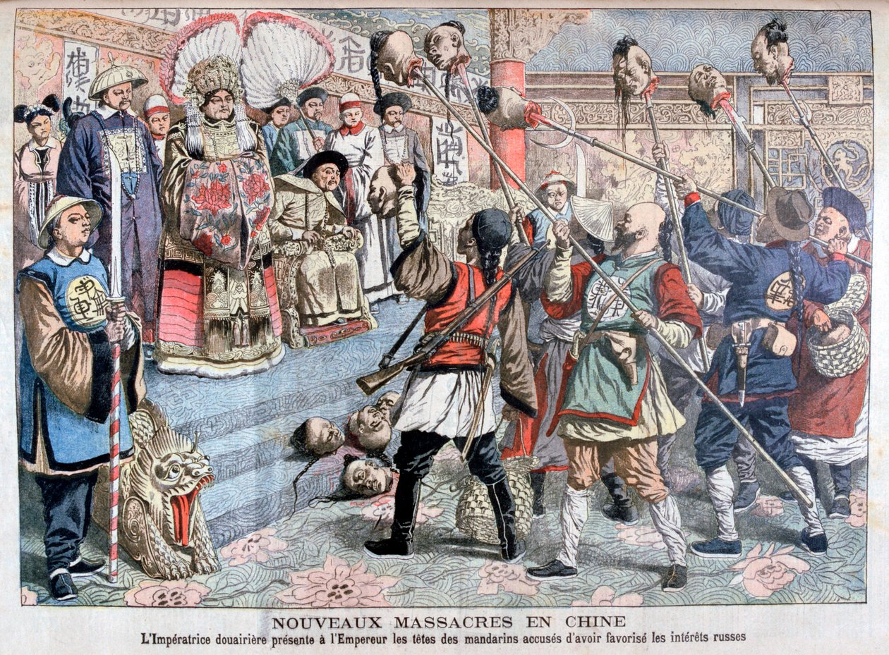 İmparatora Rusları desteklediğinden şüphelenilen Mandarinlerin başlarının gösterilmesi, Çin, 1904 by Unbekannt