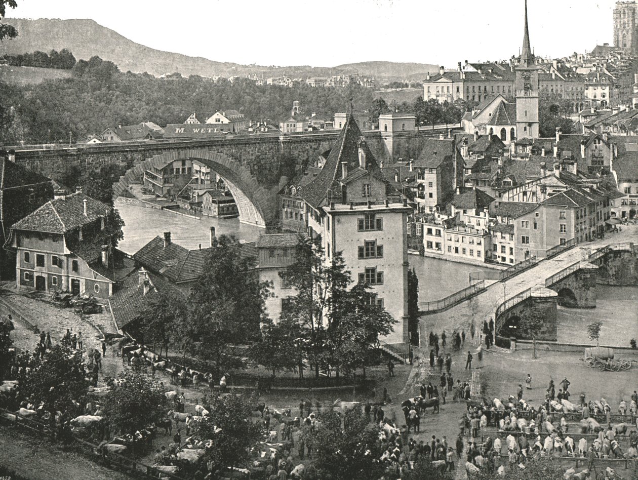 Nydeggbrücke ve sığır pazarı, Bern, İsviçre, 1895. by Unbekannt