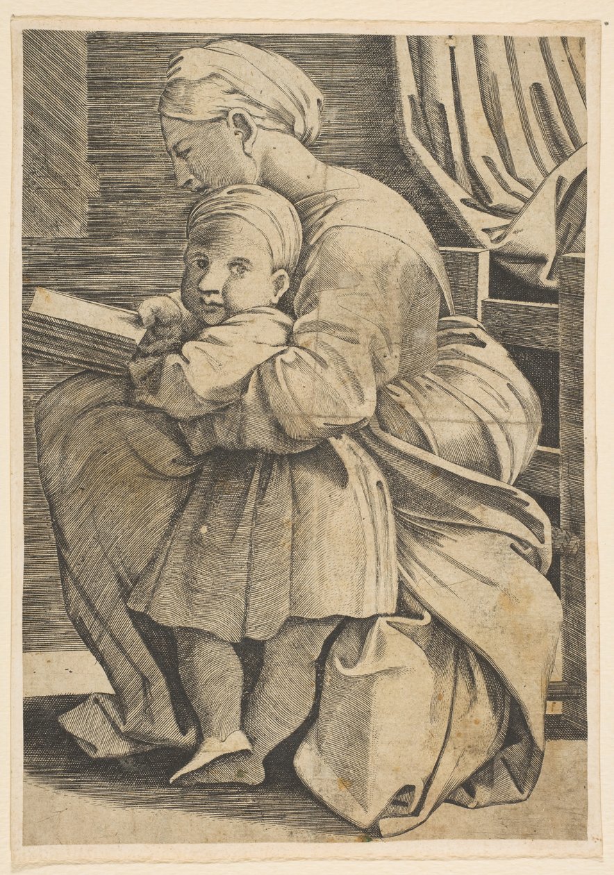 Bakire, bebek İsa ile birlikte okuyor, profilde oturan kadın sola bakıyor..., ca. 1515-1600. by Unbekannt