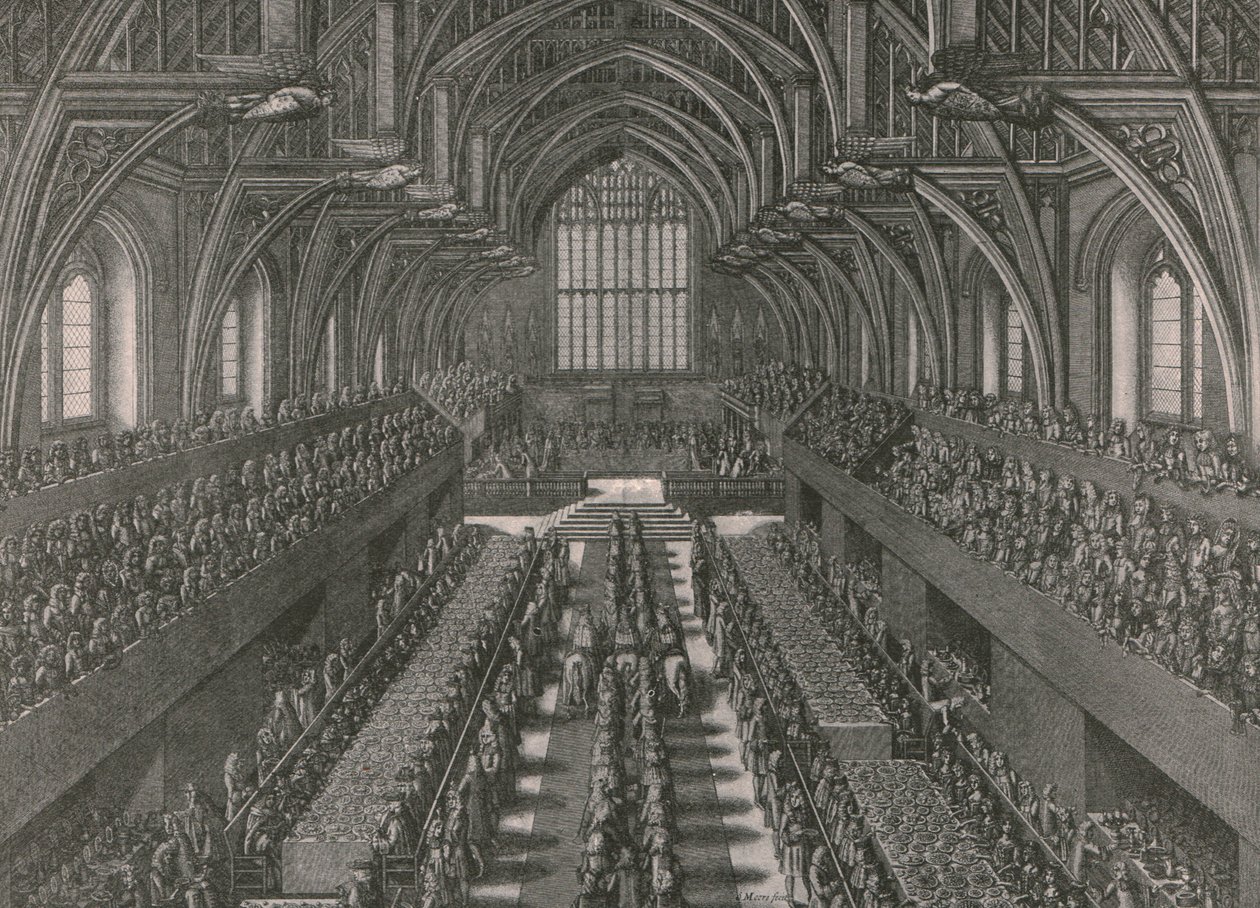 Westminster Sarayı'ndaki Büyük Salon'daki ziyafet... 1685, 1902'de II. James'in taç giyme töreni. by Unbekannt
