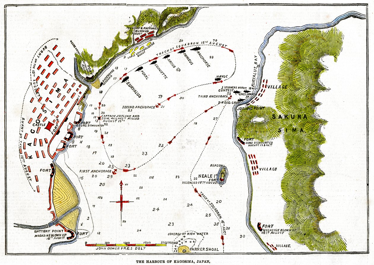 Kraliyet Donanması tarafından Kagoshima limanının bombardımanı, Japonya, 1863 by Unbekannt