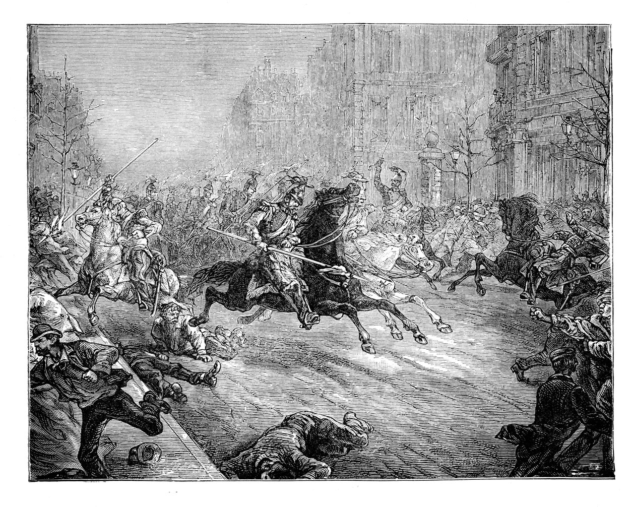 Darbe detat, Paris bulvarlarında kalabalığa hücum eden mızraklılar, 19. yüzyıl by Unbekannt