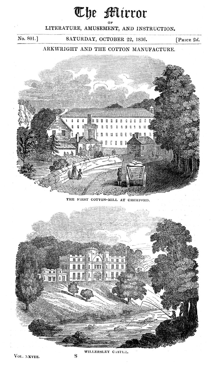Cromford, Derbyshire ve Richard Arkwrights evindeki ilk pamuk fabrikası, 1836 by Unbekannt