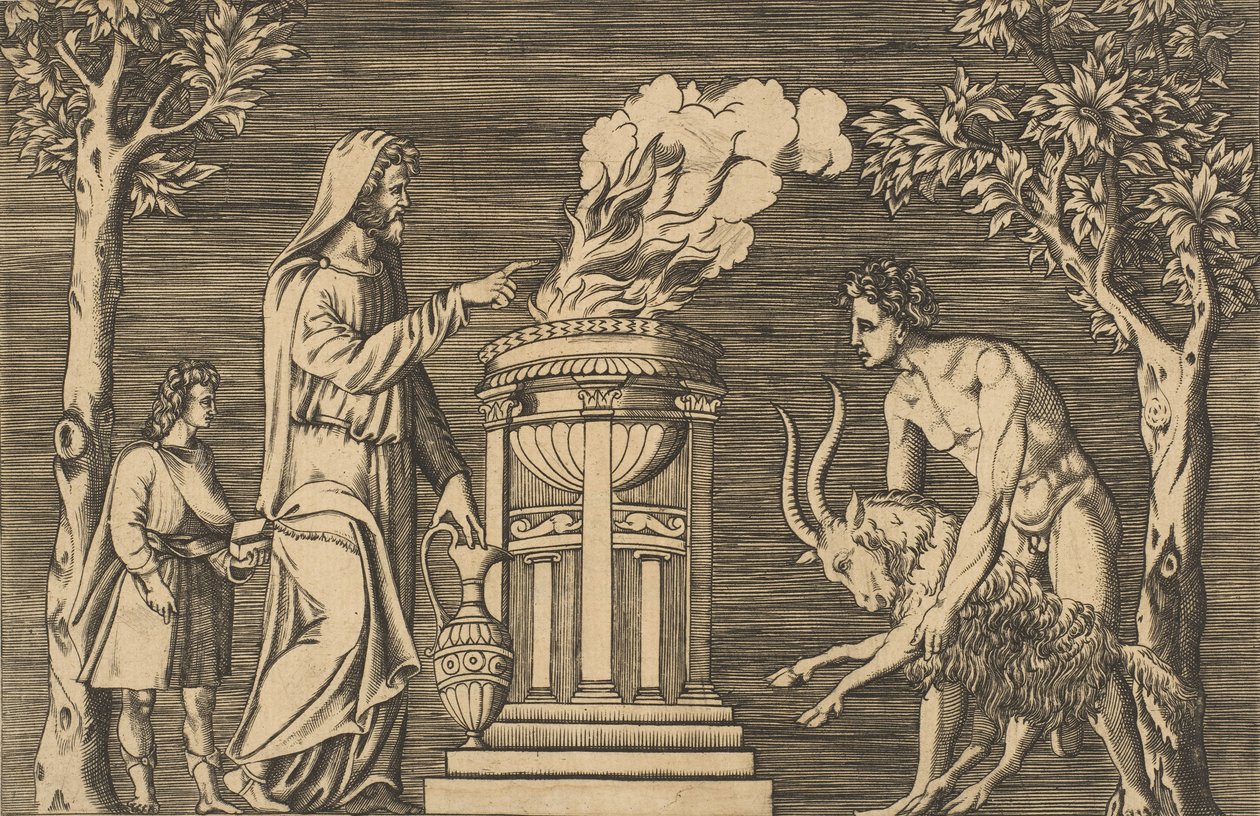 Sağda çıplak bir adam tarafından tutulan bir koçun kurbanı, solda kukuletalı rahip bir..., ca. 1515-1600. by Unbekannt