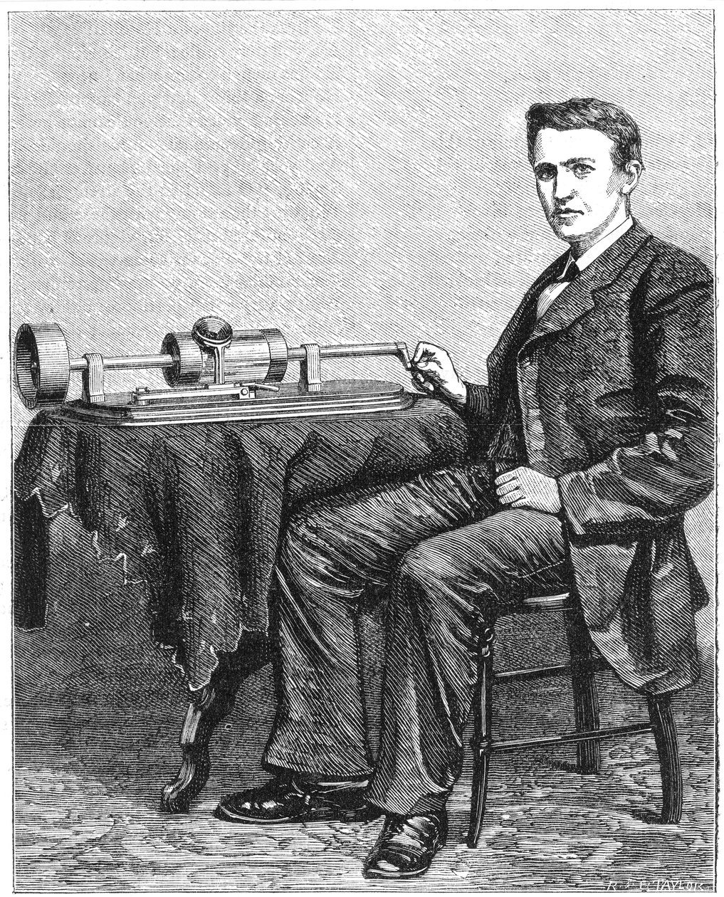 Thomas Alva Edison, Amerikalı mucit, fonografının elle çalıştırılan erken bir modeliyle, 1878 by Unbekannt