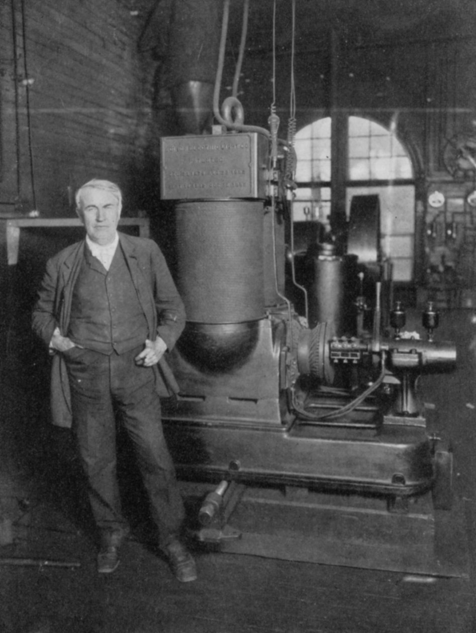 Thomas Alva Edison, Amerikalı mucit, elektrik ışığı üretmek için ilk dinamosuyla, 1880