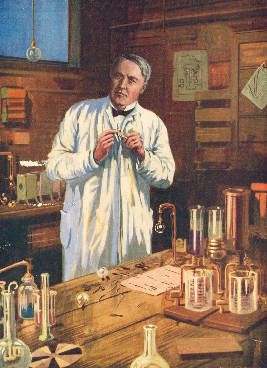 Thomas Edison, Amerikalı mucit, laboratuvarında, Menlo Park, New Jersey, ABD, 1870
