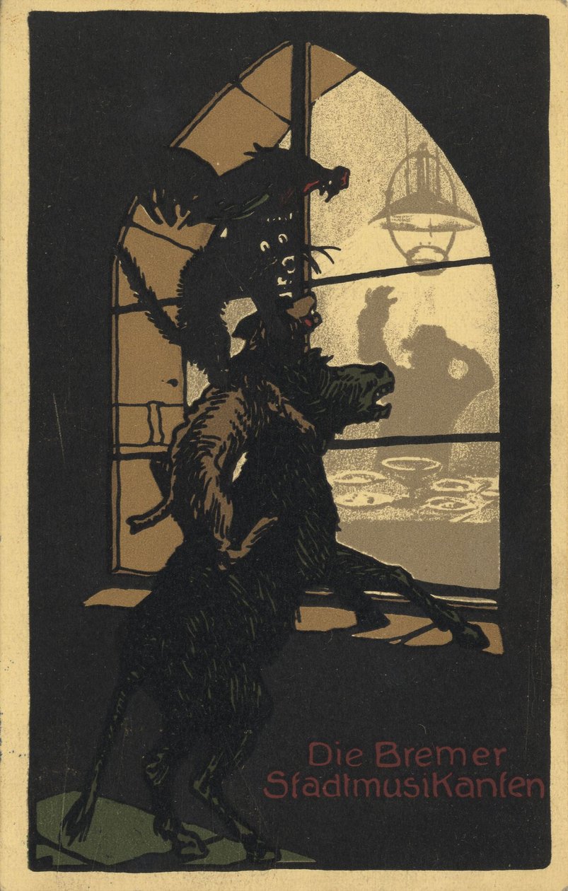 Grimm Kardeşler tarafından yazılan Bremen Mızıkacıları kitabının başlık tasarımı, 1910