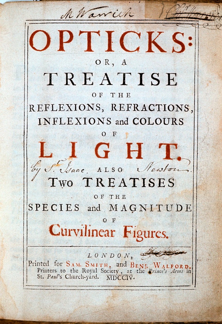 İngiliz bilim adamı ve matematikçi Isaac Newton tarafından yazılan Opticks kitabının başlık sayfası, 1794 by Unbekannt
