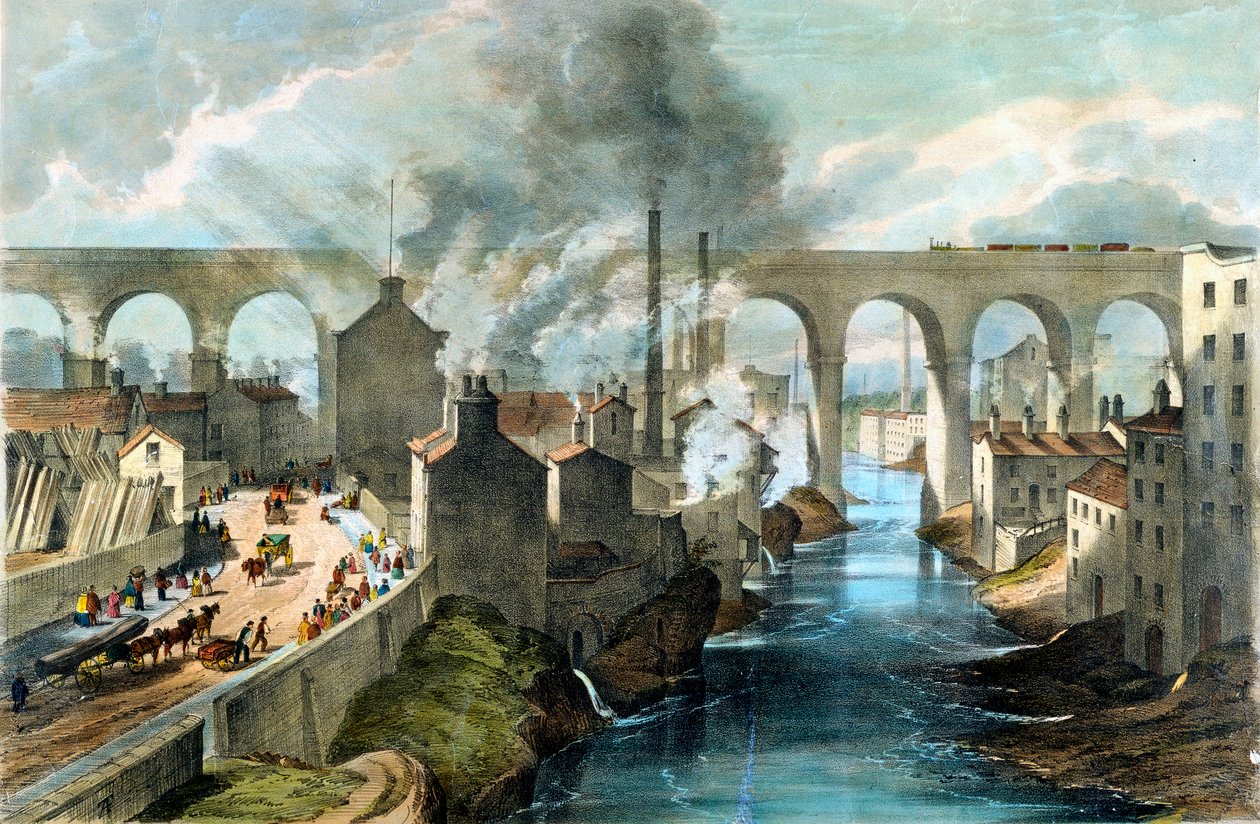 Londra ve Kuzey Batı Demiryolu üzerinde Stockport viyadükünü geçen tren, c1845 by Unbekannt