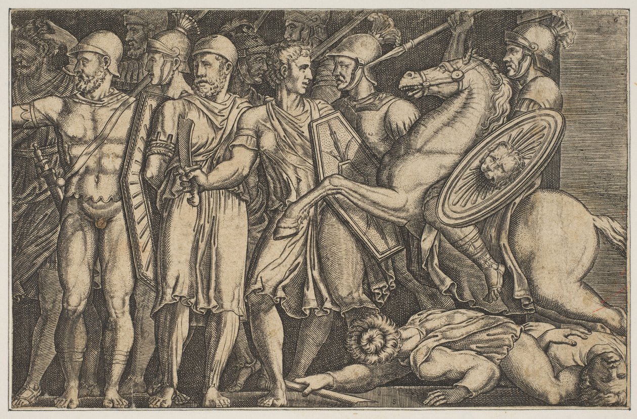 Trajan Daçyalılarla Savaşan Trajan, at sırtında sağdan bir gruba doğru sürüyor ..., yakl. 1515-1600. by Unbekannt