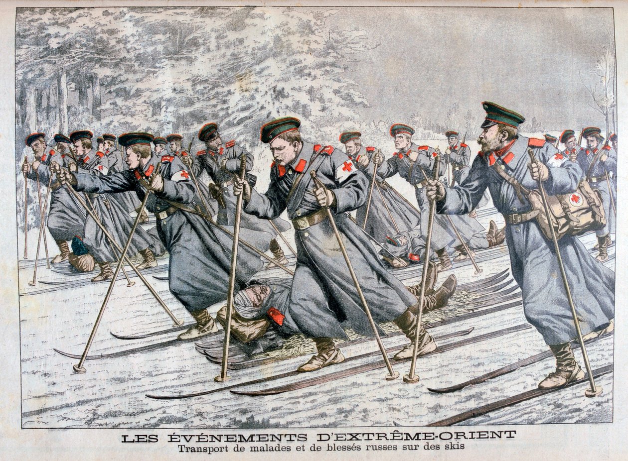 Hasta ve yaralı Rus birliklerinin kayaklar üzerinde taşınması, Rus-Japon Savaşı, 1904 by Unbekannt