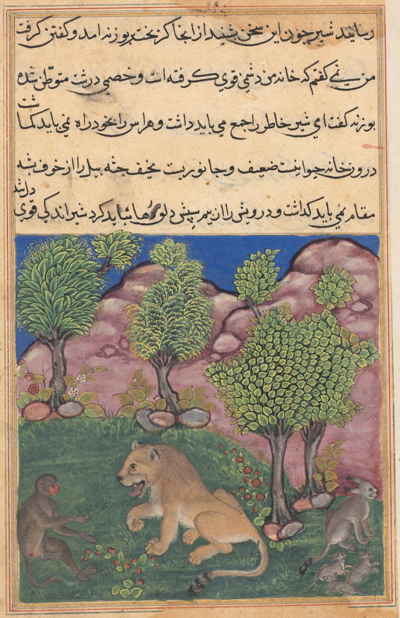 Bir Papağanın Tuti-Nama Masalları: Masal XXVIII: Maymun Şüpheli Aslana Tavsiye Veriyor..., c. 1560. by Unbekannt