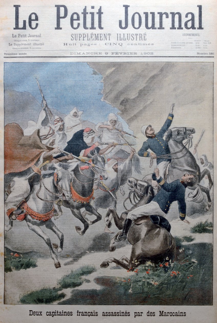 İki Fransız ordusu kaptanı Faslılar tarafından saldırıya uğradı ve öldürüldü, Fas, 1902 by Unbekannt